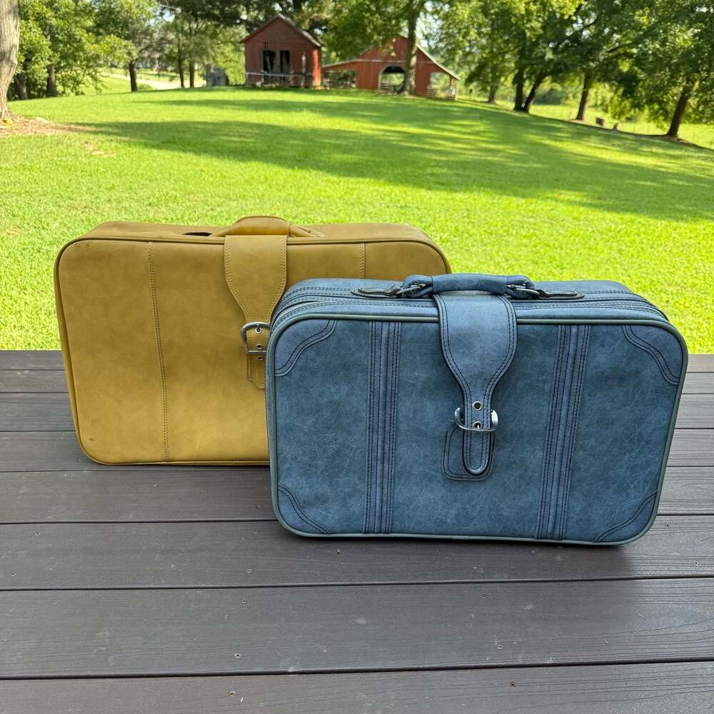 Vintage 70’s Retro Faux Leather Suitcase Luggage Set Yellow and Blue Buckled